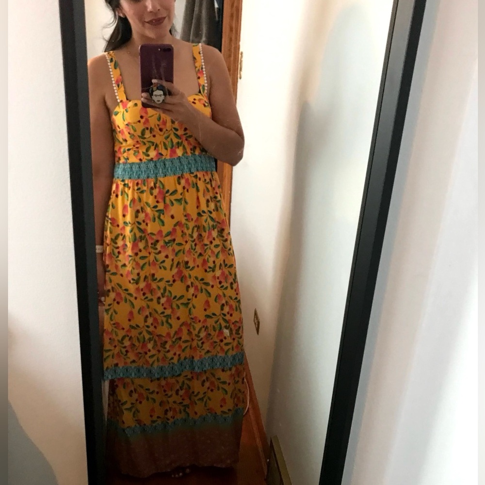 Anthropologie Bright Yellow Dress with Floral Design